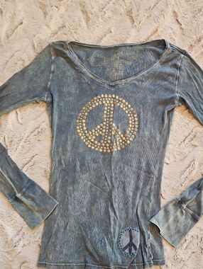 Studded Peace Sign Long Sleeve Tee -  Dark Teal Blue